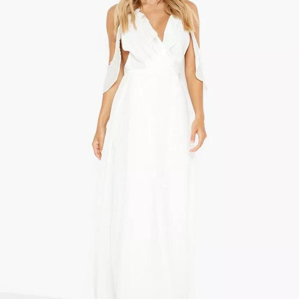 Boohoo White Chiffon Frill Wrap Maxi Dress